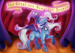 Size: 950x672 | Tagged: safe, artist:kaceymeg, character:trixie, species:pony, species:unicorn, female, magic, mare, old banner, solo, stage