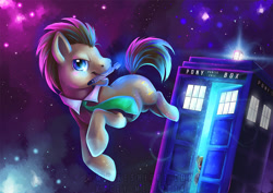 Size: 950x672 | Tagged: safe, artist:kaceymeg, character:derpy hooves, character:doctor whooves, character:time turner, species:pegasus, species:pony, doctor who, female, mare, mouth hold, sonic screwdriver, tardis