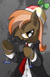 Size: 1675x2559 | Tagged: safe, artist:friendshipismetal777, character:button mash, species:earth pony, species:pony, agent 47, clothing, colt, crossover, foal, garrote, hat, hitman, hooves, male, moustache, necktie, propeller hat, solo, suit, the stache