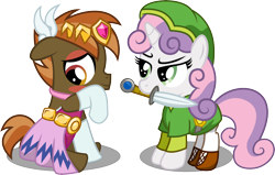 Size: 8000x5085 | Tagged: dead source, safe, artist:medio-cre, character:button mash, character:sweetie belle, absurd resolution, cosplay, crossdressing, female, link, male, mouth hold, princess zelda, shipping, straight, sweetiemash, sword, the legend of zelda, toon link, toon zelda