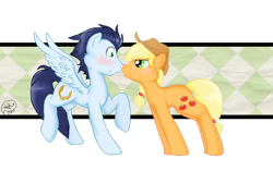 Size: 900x566 | Tagged: safe, artist:flow3r-child, character:applejack, character:soarin', ship:soarinjack, blushing, female, male, shipping, straight