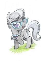 Size: 768x1024 | Tagged: safe, artist:almaska, character:silver spoon, cute, female, glasses, grass, looking at you, open mouth, raised hoof, raised leg, smiling, solo