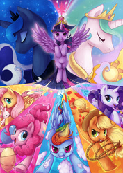 Size: 700x991 | Tagged: safe, artist:kaceymeg, character:applejack, character:fluttershy, character:pinkie pie, character:princess celestia, character:princess luna, character:rainbow dash, character:rarity, character:twilight sparkle, character:twilight sparkle (alicorn), species:alicorn, species:pony, species:rabbit, action poster, animal, balloon, cloud, female, gem, lasso, mane six, mare, moon, rope, sun, watermark