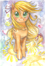 Size: 761x1100 | Tagged: safe, artist:paulina-ap, character:applejack, blushing, colored eyelashes, cute, eyelashes, female, freckles, looking at you, ribbon, smiling, solo, standing, traditional art, watercolor painting