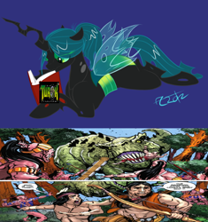 Size: 900x959 | Tagged: safe, artist:cosmic-rust, edit, character:queen chrysalis, book, comic, comics, dinosaur, game, hunter, tyrannosaurus rex, video game