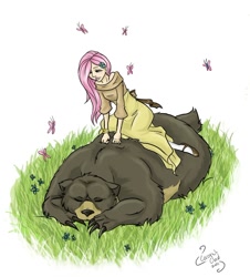 Size: 814x899 | Tagged: safe, artist:veritasket, character:fluttershy, character:harry, species:human, g4, bear, butterfly, clothing, female, humanized, long skirt, massage, skirt