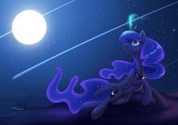 Size: 900x633 | Tagged: safe, artist:bronyseph, character:princess luna, species:alicorn, species:pony, female, glowing horn, horn, mare, moon, night, signature, smiling, solo