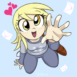 Size: 1000x1000 | Tagged: safe, artist:girgrunny, character:derpy hooves, species:human, blue background, cute, derpabetes, envelope, female, heart, humanized, letter, light skin, looking at you, simple background, solo