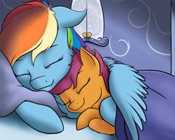 Size: 1700x1359 | Tagged: safe, artist:nobody47, character:rainbow dash, character:scootaloo, species:pegasus, species:pony, cuddling, cute, eyes closed, female, filly, mare, scootalove, sleeping, snuggling, weapons-grade cute, wing blanket
