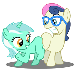 Size: 984x908 | Tagged: safe, artist:jcking101, character:bon bon, character:lyra heartstrings, character:sweetie drops, species:earth pony, species:pony, species:unicorn, butt bump, butt to butt, butt touch, filly, glasses, no tail, twisted bon bon