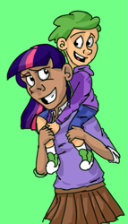 Size: 359x628 | Tagged: safe, artist:mcwhale4, character:spike, character:twilight sparkle, species:human, dark skin, green background, humanized, light skin, open mouth, shoulder ride, simple background