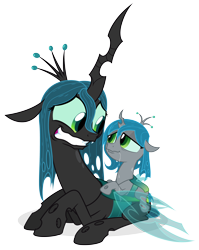 Size: 3988x5000 | Tagged: safe, artist:zutheskunk oc commissions, character:queen chrysalis, oc, oc:pupa, parent:queen chrysalis, species:changeling, changeling oc, changeling queen, commission, cute, cutealis, cuteling, disturbed, drool, duo, duo female, fanfic, female, maternal instinct, mommy chrissy, mother and daughter, nymph, offspring, simple background, transparent background, vector
