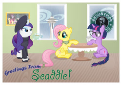 Size: 900x630 | Tagged: dead source, safe, artist:catwhitney, character:fluttershy, character:rarity, character:twilight sparkle, beatnik rarity, beret, clothing, coffee, hat, hipster, pun, seattle, space needle, starbucks
