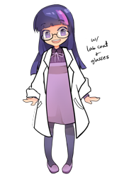 Size: 560x802 | Tagged: safe, artist:ujey02, character:twilight sparkle, species:human, adorkable, clothing, cute, dork, dress, female, glasses, humanized, lab coat, looking at you, open mouth, smiling, solo, standing, stockings, thigh highs, tights