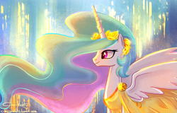 Size: 1359x868 | Tagged: safe, artist:cherryviolets, character:princess celestia, clothing, dress, female, headdress, smiling, solo, spread wings, toga, wings