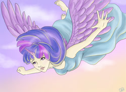 Size: 779x570 | Tagged: safe, artist:veritasket, character:twilight sparkle, character:twilight sparkle (alicorn), species:alicorn, species:human, barefoot, feet, female, flying, horned humanization, humanized, solo, winged humanization