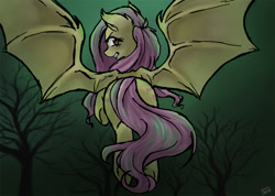Size: 809x576 | Tagged: safe, artist:veritasket, character:flutterbat, character:fluttershy, behind, both cutie marks, dark, female, flying, looking back, solo