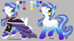 Size: 1055x595 | Tagged: safe, artist:alicornparty, species:earth pony, species:pony, adoptable, clothing, dress, earring, gala dress, gradient hooves, solo