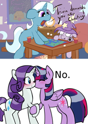 Size: 717x1000 | Tagged: safe, artist:luckyshy, artist:solipsus, edit, character:rarity, character:trixie, character:twilight sparkle, character:twilight sparkle (alicorn), species:alicorn, species:pony, ship:rarilight, ship:twixie, blushing, board game, female, lesbian, mare, shipping