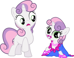 Size: 8000x6336 | Tagged: safe, artist:medio-cre, character:sweetie belle, episode:for whom the sweetie belle toils, 5-year-old sweetie belle, absurd resolution, clothing, cute, diasweetes, dress, high heels, lipstick, ponidox, self adoption, self ponidox, simple background, time paradox, transparent background, vector