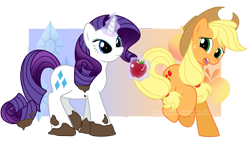 Size: 1819x1056 | Tagged: safe, artist:immortaltanuki, character:applejack, character:rarity, apple, mud, personality swap, worm