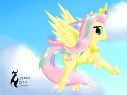 Size: 1000x750 | Tagged: safe, artist:zanclife, character:fluttershy, species:alicorn, species:pegasus, species:pony, episode:testing testing 1-2-3, g4, my little pony: friendship is magic, celestia costume, celestia's crown, crown, fake horn, female, flying, jewelry, mare, peytral, regalia, shylestia, solo
