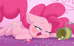 Size: 900x563 | Tagged: safe, artist:bronyseph, character:pinkie pie, apple cider (drink), confetti, crayon, drunk, drunkie pie, female, floppy ears, party, prone, solo