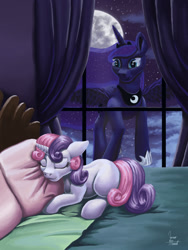 Size: 1200x1600 | Tagged: safe, artist:zevironmoniroth, character:princess luna, character:sweetie belle, episode:for whom the sweetie belle toils, bed, moon, not creepy, observer, sleeping, starry night, window