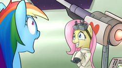 Size: 1280x720 | Tagged: safe, artist:dazko, character:fluttershy, character:rainbow dash, death ray, dr adorable, fanart, laser