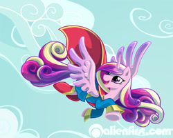 Size: 800x640 | Tagged: safe, artist:alienfirst, character:princess cadance, clothing, costume, female, flying, solo, supergirl, superhero, watermark