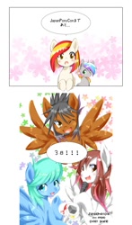 Size: 800x1364 | Tagged: safe, artist:nabebuta, oc, oc only, oc:poniko, oc:rokuchan, species:pony, countdown, japan ponycon, japanese, looking at you, microphone, one eye closed, spread wings, wings, wink