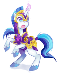 Size: 600x747 | Tagged: safe, artist:theuselesstoe, character:shining armor, species:pony, species:unicorn, armor, female, gleaming shield, mare, rearing, rule 63, simple background, solo, tail wrap