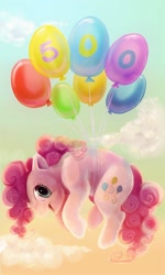 Size: 540x900 | Tagged: safe, artist:kaceymeg, character:pinkie pie, 500, balloon, female, milestone, solo, then watch her balloons lift her up to the sky