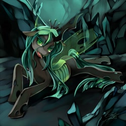 Size: 1000x1000 | Tagged: safe, artist:soukitsubasa, character:queen chrysalis, species:changeling, g4, changeling queen, female, floppy ears, looking at you, prone, solo