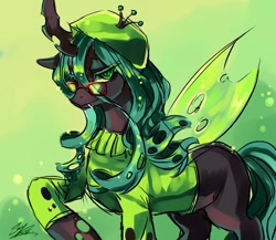 Size: 1000x867 | Tagged: safe, artist:soukitsubasa, character:queen chrysalis, species:changeling, beatnik, beret, changeling queen, clothing, female, glasses, solo, sweater