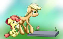 Size: 1900x1200 | Tagged: safe, artist:solipsus, character:apple bloom, character:applejack, crying, flower, grave, missing accessory, mother's day, sad