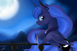 Size: 3000x2000 | Tagged: safe, artist:nobody47, character:princess luna, species:alicorn, species:pony, balcony, cute, female, looking at you, lunabetes, moon, night, solo, stars, wing fluff