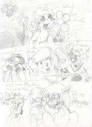 Size: 1000x1383 | Tagged: safe, artist:cheasyman, character:carrot top, character:derpy hooves, character:dinky hooves, character:golden harvest, species:pegasus, species:pony, ask, ask housewife bonbon, female, mare, monochrome, traditional art, tumblr