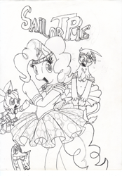 Size: 900x1294 | Tagged: safe, artist:cheasyman, character:apple bloom, character:gilda, character:gummy, character:pinkie pie, species:griffon, species:pony, ask, ask housewife bonbon, bipedal, clothing, costume, crossover, monochrome, sailor moon, traditional art, tumblr
