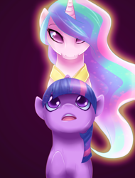 Size: 3200x4200 | Tagged: safe, artist:camellia, character:princess celestia, character:twilight sparkle, absurd resolution, admiration, looking up, simple background