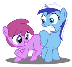 Size: 956x904 | Tagged: safe, artist:jcking101, edit, character:berry punch, character:berryshine, character:minuette, species:earth pony, species:pony, species:unicorn, butt bump, butt to butt, butt touch, filly, no tail