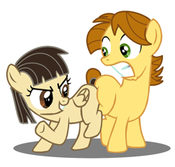 Size: 960x916 | Tagged: safe, artist:jcking101, edit, character:wild fire, oc, oc:mandopony, species:earth pony, species:pegasus, species:pony, butt bump, butt to butt, butt touch, colt, filly, male, mandofire, shipping, sibsy, straight