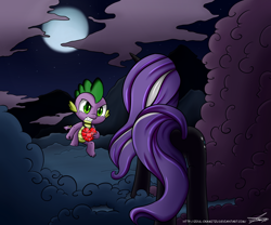 Size: 2160x1800 | Tagged: safe, artist:zortail, character:nightmare rarity, character:rarity, character:spike, ship:sparity, female, fire ruby, fog, glare, gritted teeth, male, moon, night, nightmare sparity, plot, shipping, straight, sweat