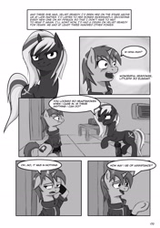 Size: 2471x3508 | Tagged: safe, artist:darksittich, oc, oc only, oc:littlepip, oc:velvet remedy, species:pony, species:unicorn, fallout equestria, black and white, clothing, comic, fanfic, fanfic art, female, grayscale, horn, mare, monochrome, pipbuck, stable, stable 2, vault suit