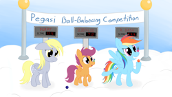 Size: 8000x4500 | Tagged: safe, artist:zirbronium, character:derpy hooves, character:rainbow dash, character:scootaloo, species:pegasus, species:pony, absurd resolution, balancing, contest, female, juggling, mare, ponies balancing stuff on their nose