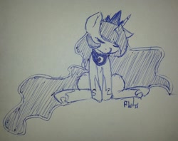 Size: 1280x1015 | Tagged: safe, artist:pluto manson, character:princess luna, doodle, female, monochrome, sitting, solo, traditional art