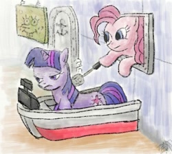 Size: 577x516 | Tagged: safe, artist:trixsun, character:pinkie pie, character:twilight sparkle, annoyed, cash register, counter, crossover, frown, glare, krusty krab, meme, parody, poking, spongebob squarepants, squidward tentacles, traditional art, twilight is not amused, unamused