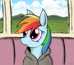 Size: 2400x2100 | Tagged: safe, artist:zirbronium, character:rainbow dash, species:anthro, clothing, female, jacket, solo, train, worried