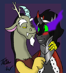 Size: 732x803 | Tagged: safe, artist:tateshaw, character:discord, character:king sombra, ship:sombracord, blushing, gay, male, shipping