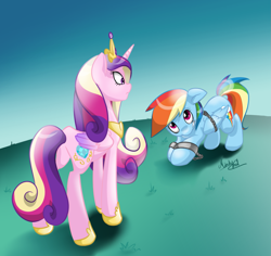Size: 1059x1001 | Tagged: safe, artist:minty-red, character:princess cadance, character:rainbow dash, species:alicorn, species:pegasus, species:pony, arrested, bondage, bondage cuffs, bondage gear, bound wings, chains, crown, cuffs, eye contact, floppy ears, frown, gritted teeth, looking at each other, looking down, looking up, nervous, prisoner rd, shackles, signature